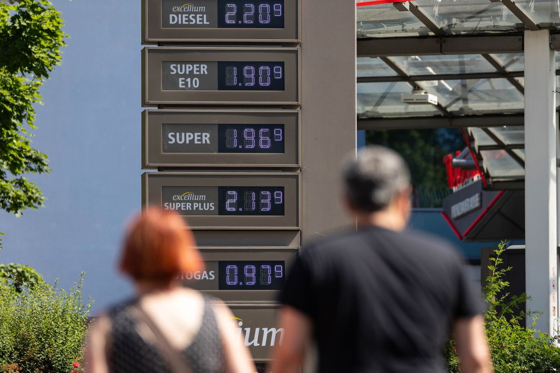 Fuel prices are displayed on a sign at a gas station in Berlin, Germany, on June 17, 2022.