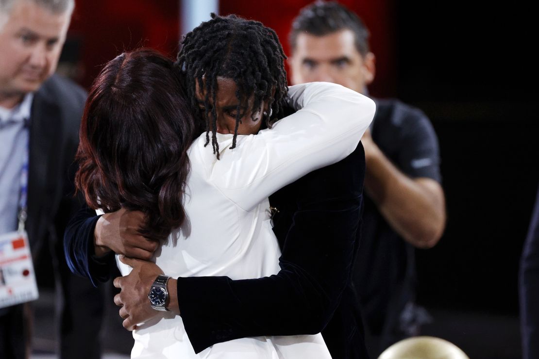Jaden Ivey hugs his mother Niele after being drafted with the fifth overall pick by the Detroit Pistons during the 2022 NBA Draft.
