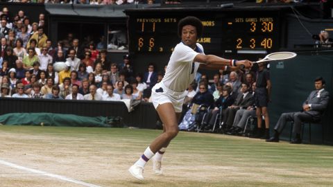Arthur Ashe plays during the Wimbledon men's singles competition.
