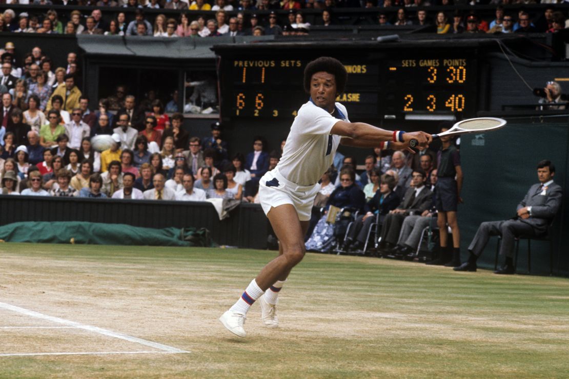 Arthur Ashe plays during the Wimbledon men's singles competition.