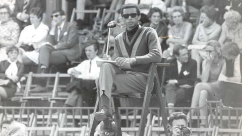 Arthur Ashe umpires the Taylor-Emerson game at Queen's Club.