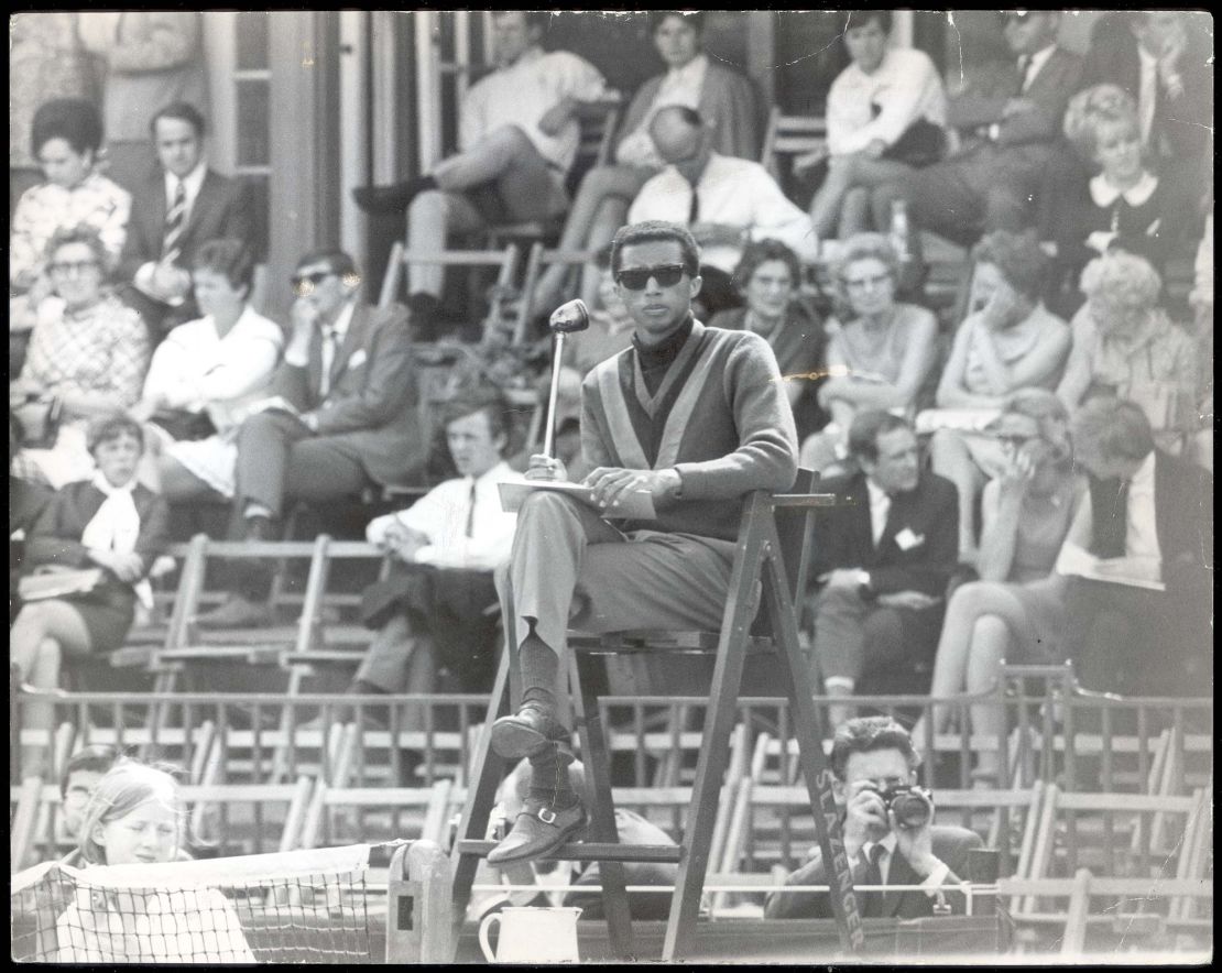 Arthur Ashe umpires the Taylor-Emerson game at Queen's Club.