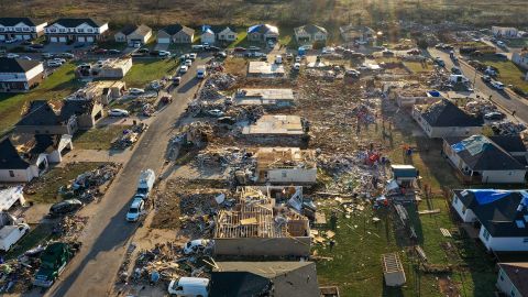 An aerial view of devastation after tornadoes struck the Bowling Green, Kentucky, area in December.