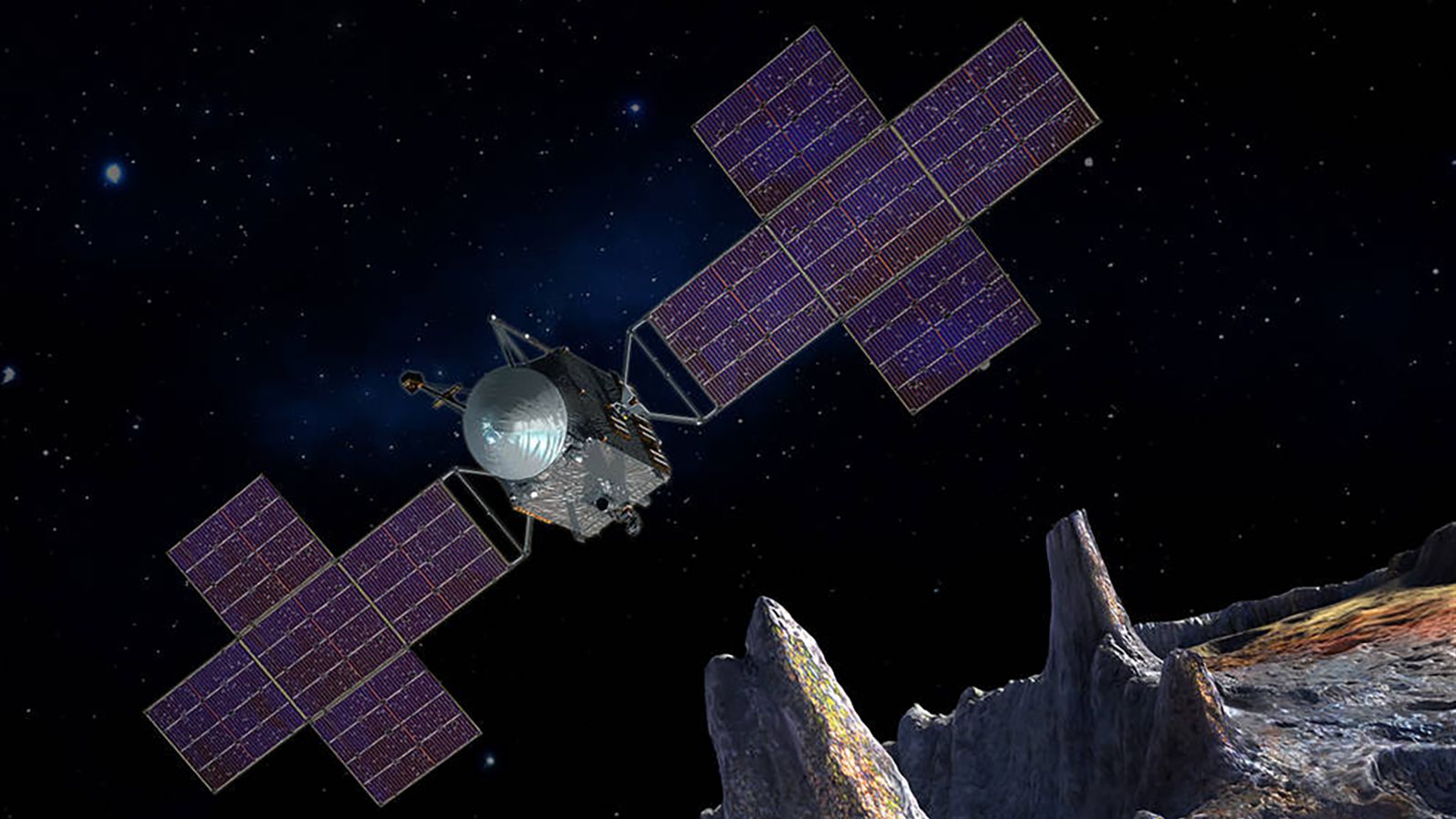 An artist's illustration depicts the Psyche spacecraft in deep space, showcasing its five-panel solar arrays.
