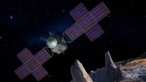 This illustration shows the Psyche spacecraft flying past its asteroid.