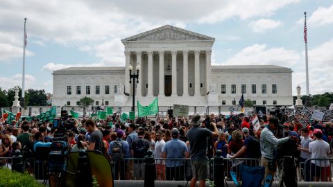 Abortion rights and anti-abortion rights activists fill First Street in front of the US Supreme Court. 