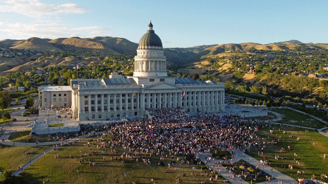 Demonstrators gather at the Utah State Capitol on Friday.