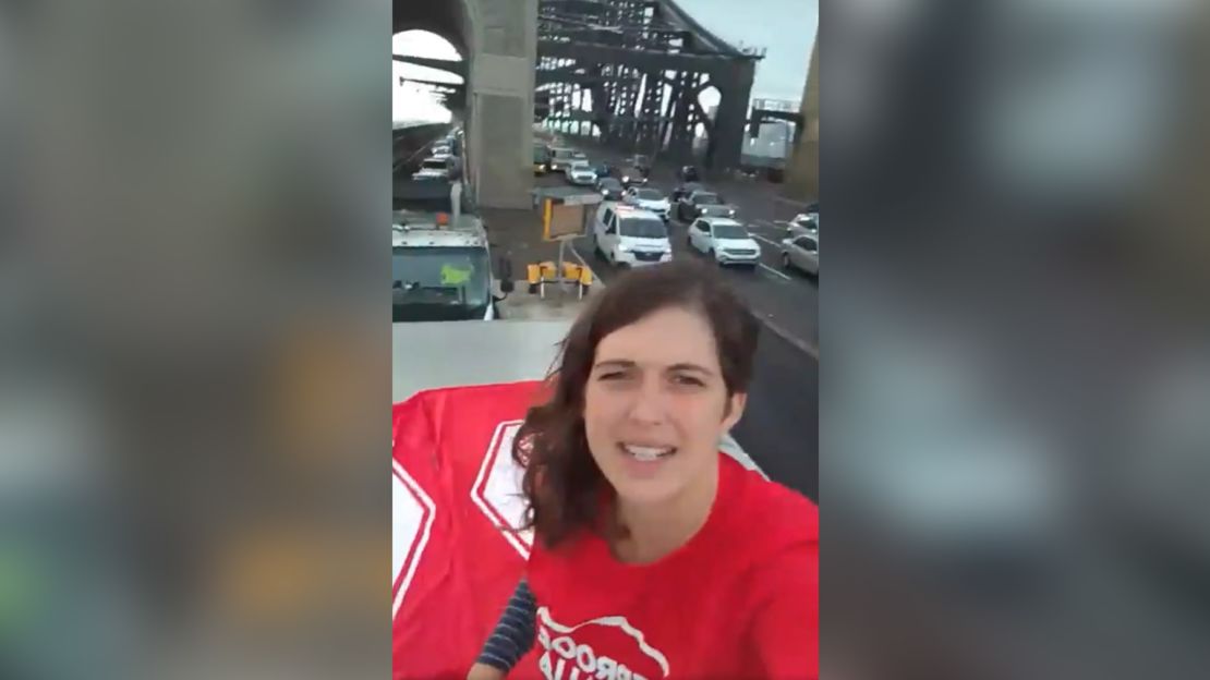 Violet Coco livestreamed her message from the top of a truck blocking one lane of traffic on Sydney Harbour Bridge in April, 2022.