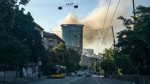Smoke rises after a Russian airstrikes in the Shevchenkivskiy district of Kyiv on June 26, 2022. 