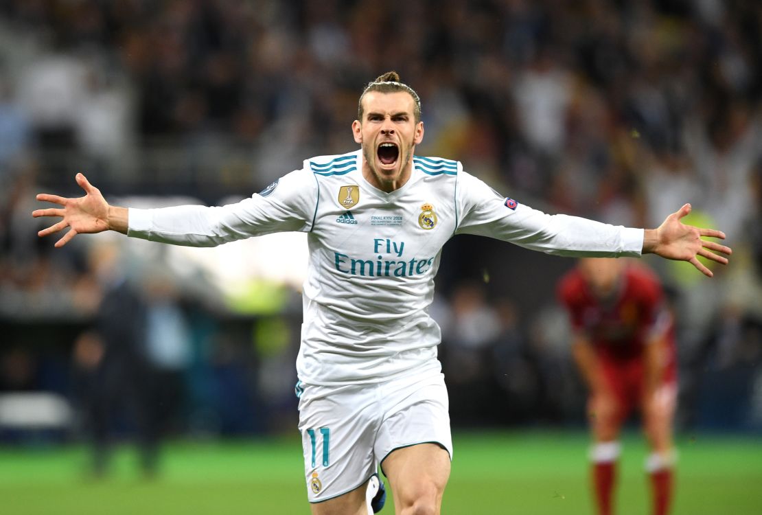 Bale celebrates scoring Real Madrid's second goal during the UEFA Champions League Final against Liverpool in 2018.