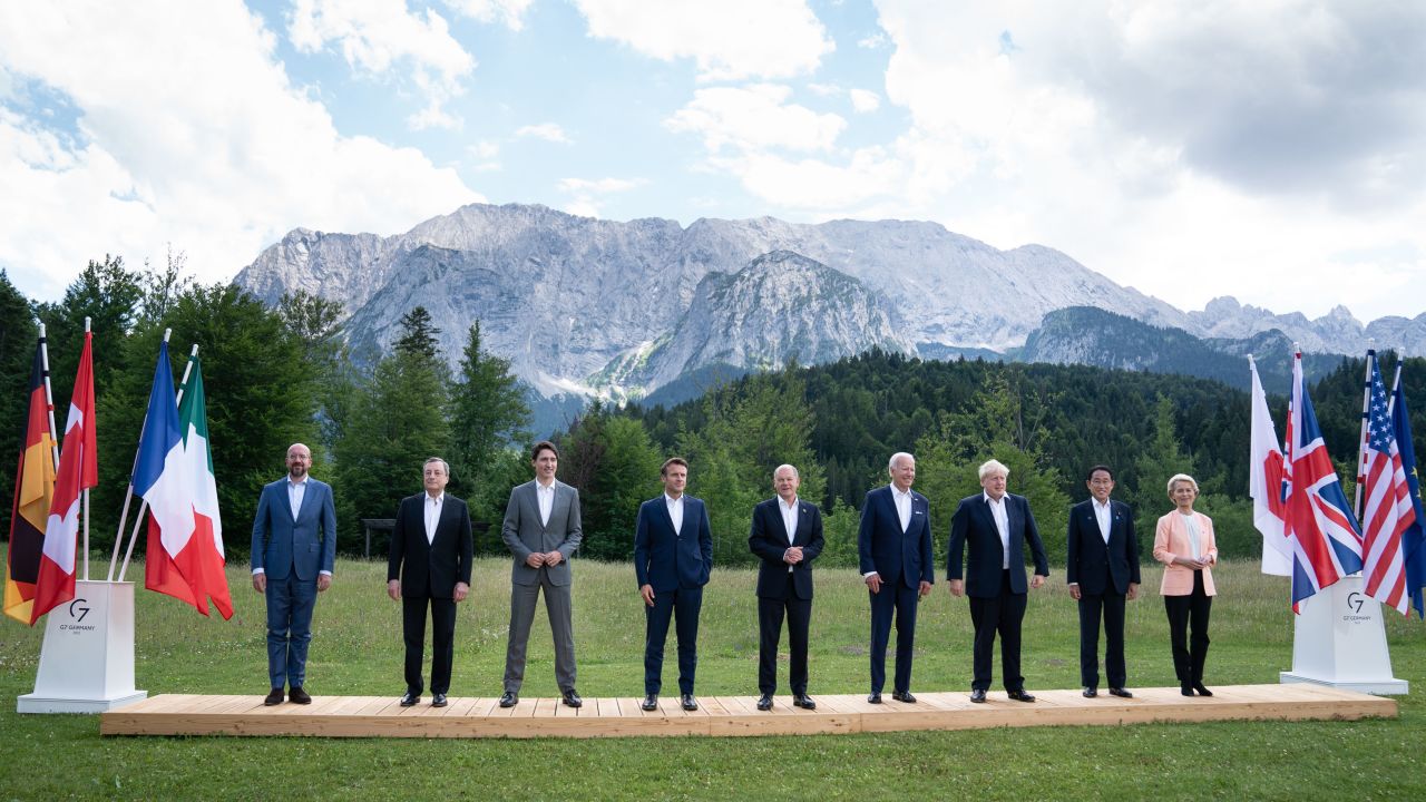 G7 leaders European Union Council President Charles Michel, Prime Minister of Italy Mario Draghi, Prime Minister of Canada Justin Trudeau, President of France Emmanuel Macron, German Chancellor Olaf Scholz, U.S. President Joe Biden, Prime Minister Boris Johnson, Prime Minister of Japan Fumio Kishida, and European Union Council Commission President Ursula von der Leyen pose for the family photo on the first day of the three-day G7 summit at Schloss Elmau on June 26, 2022 near Garmisch-Partenkirchen, Germany. Leaders of the G7 group of nations are officially coming together under the motto: "progress towards an equitable world" and will discuss global issues including war, climate change, hunger, poverty and health. Overshadowing this year's summit is the ongoing Russian war in Ukraine. 
