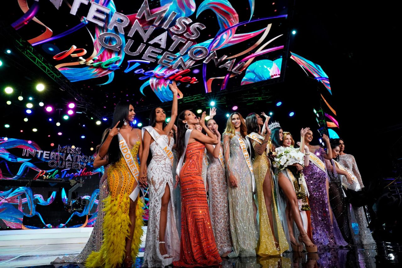 Contestants on stage at the Miss International Queen 2022 beauty contest in the Thai city of Pattaya.