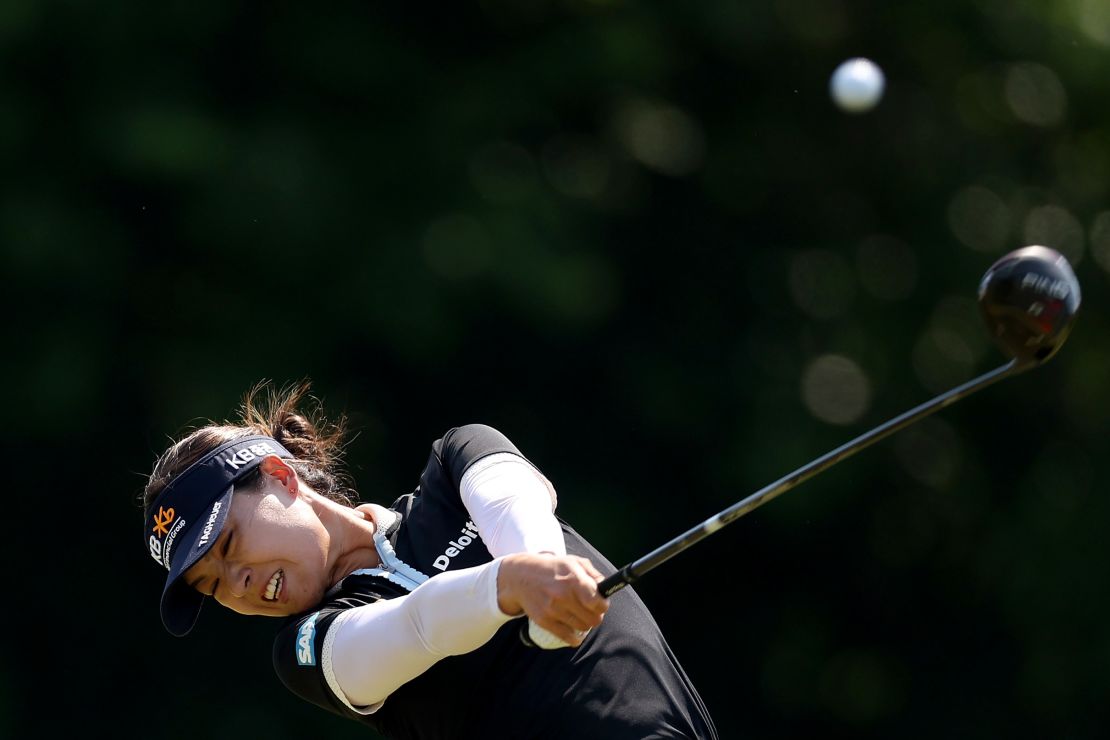 Chun plays her shot from the 18th tee.