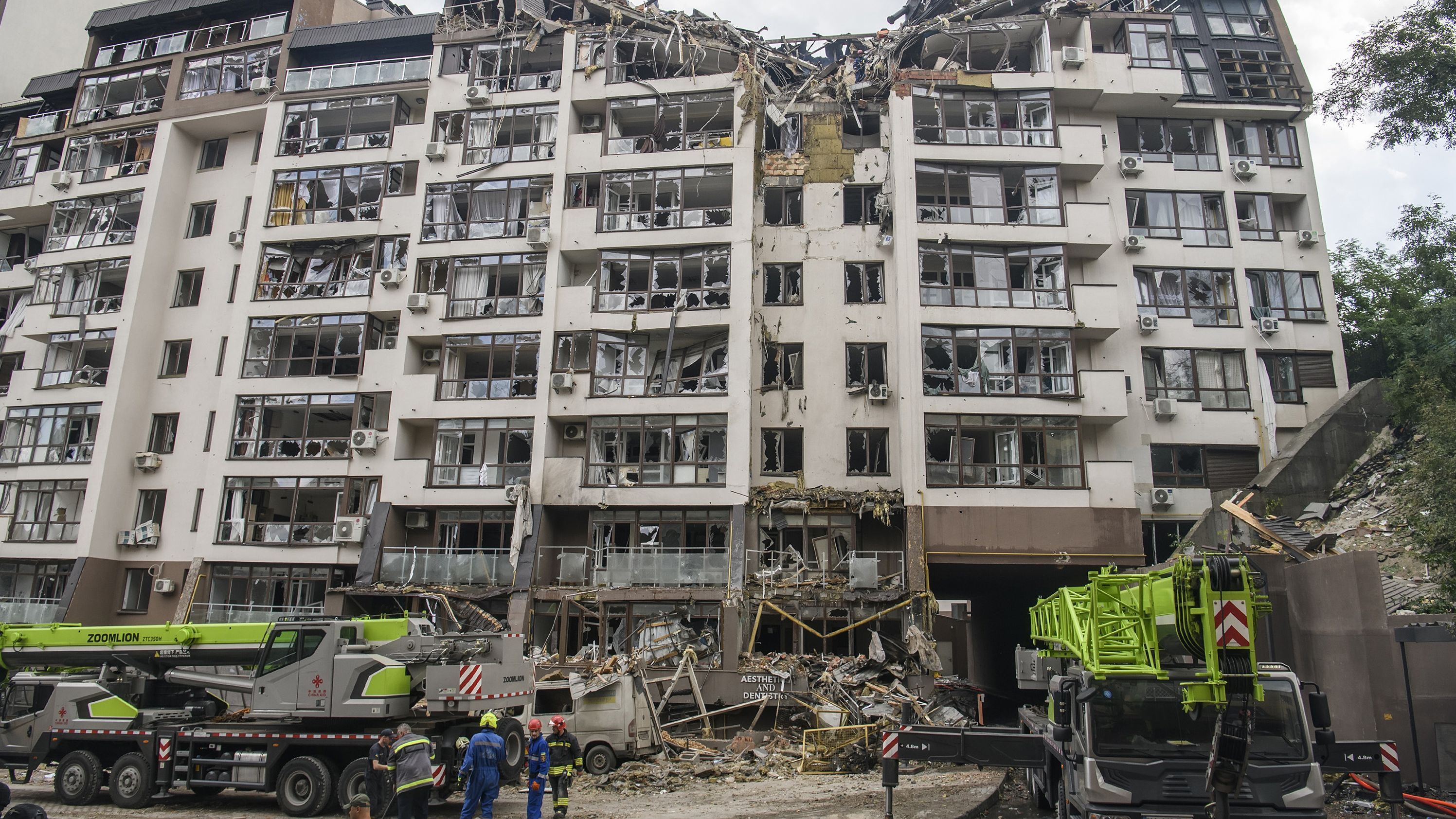 An apartment building in the Shevchenkivskiy district of Kyiv, Ukraine, is damaged during a Russian airstrike, on June 26. Several explosions rocked the west of the Ukrainian capital in the early hours of Sunday morning, with at least two residential buildings struck, according to Kyiv mayor Vitali Klitschko. 
