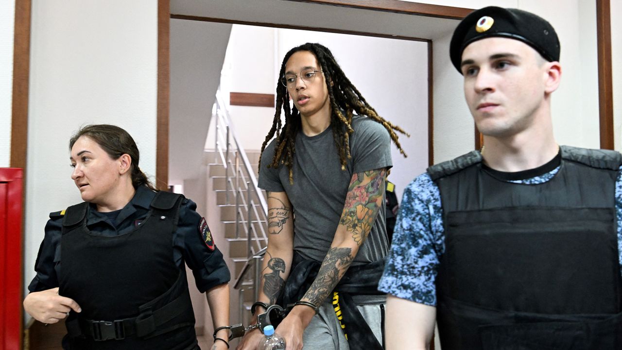 US WNBA basketball superstar Brittney Griner arrives to a hearing at the Khimki Court, outside Moscow on June 27, 2022. - Griner, a two-time Olympic gold medallist and WNBA champion, was detained at Moscow airport in February on charges of carrying in her luggage vape cartridges with cannabis oil, which could carry a 10-year prison sentence. (Photo by Kirill KUDRYAVTSEV / AFP) (Photo by KIRILL KUDRYAVTSEV/AFP via Getty Images)