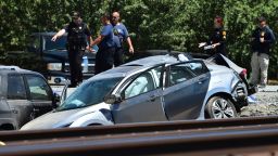 Contra Costa Sheriff deputies investigate the scene after an Amtrak train collided with a vehicle in Brentwood, Calif., on Sunday, June 26, 2022. (Jose Carlos Fajardo/Bay Area News Group via AP)