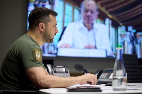 Ukraine's President Volodymyr Zelensky attends a working session of G7 leaders via video link from his office in Kyiv, Ukraine, on Monday June 27.