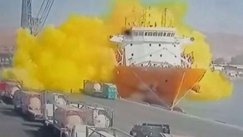 CCTV footage shows the moment of a toxic gas explosion in Jordan's Aqaba port.