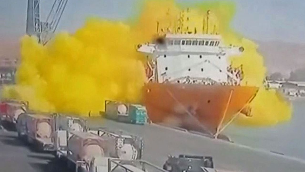 CCTV footage shows the moment of a toxic gas explosion in Jordan's Aqaba port.