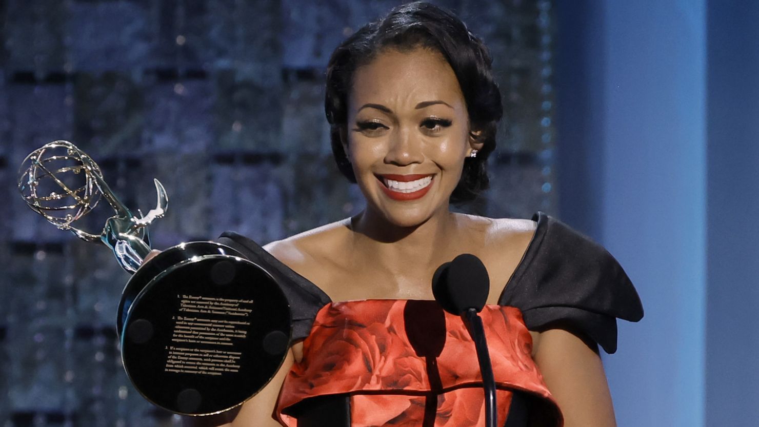 Mishael Morgan accepts the Outstanding Performance by a Lead Actress in a Drama Series award onstage during the 49th Daytime Emmy Awards at Pasadena Convention Center on June 24, 2022 in Pasadena, California.