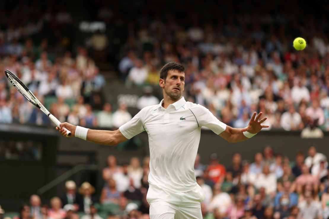 Djokovic lines up a forehand in his first-round match. 