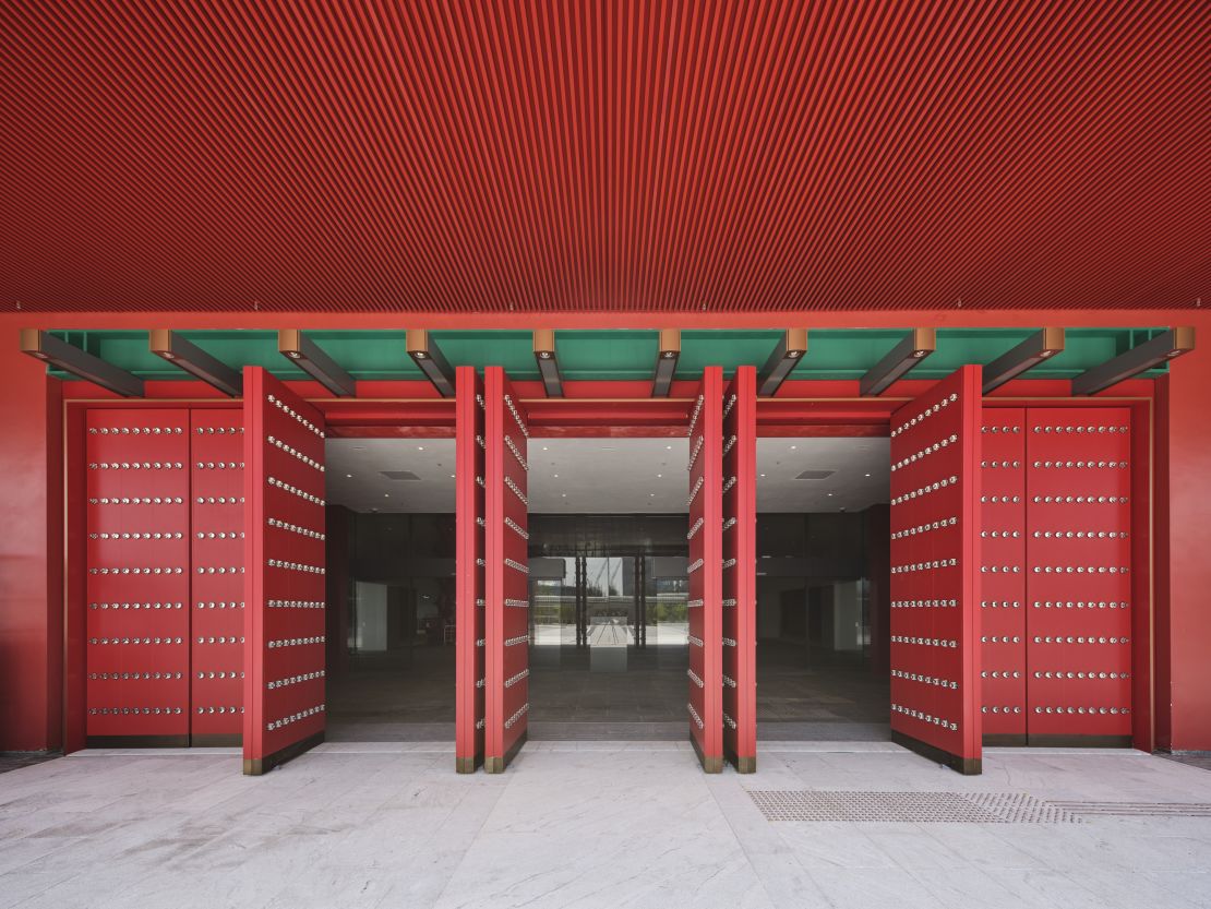 The red-studded doors at the museum's entrance. Construction of the building was funded by a $3.5 billion HKD ($450 million) donation by the Hong Kong Jockey Club. 