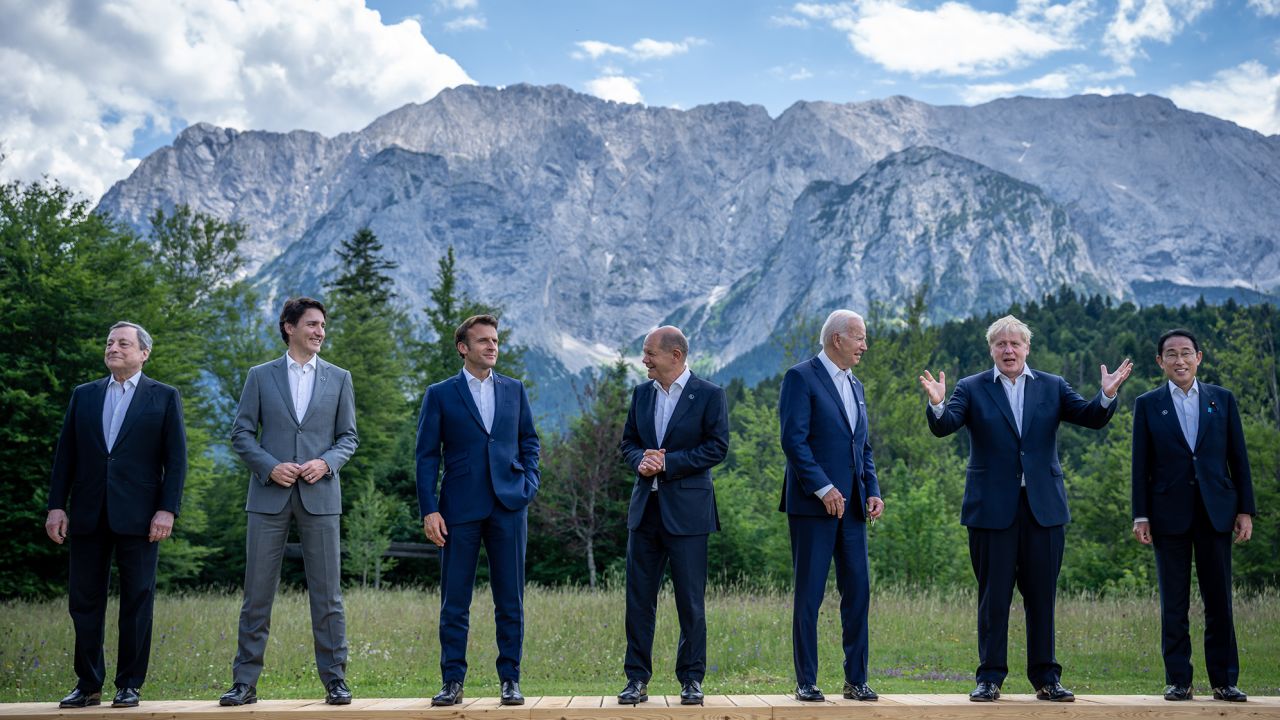Leaders of the seven nations in the G7 pose at this week's summit in Bavaria: Italian Prime Minister Mario Draghi, Canadian Prime Minister Justin Trudeau, French President Emmanuel Macron, German Chancellor Olaf Scholz, US President Joe Biden, British Prime Minister Boris Johnson, Japanese Prime Minister Fumio Kishida.