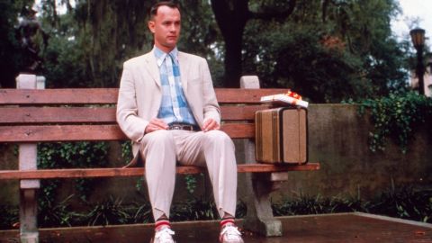 Tom Hanks as Forrest Gump in one of the famous bench scenes.