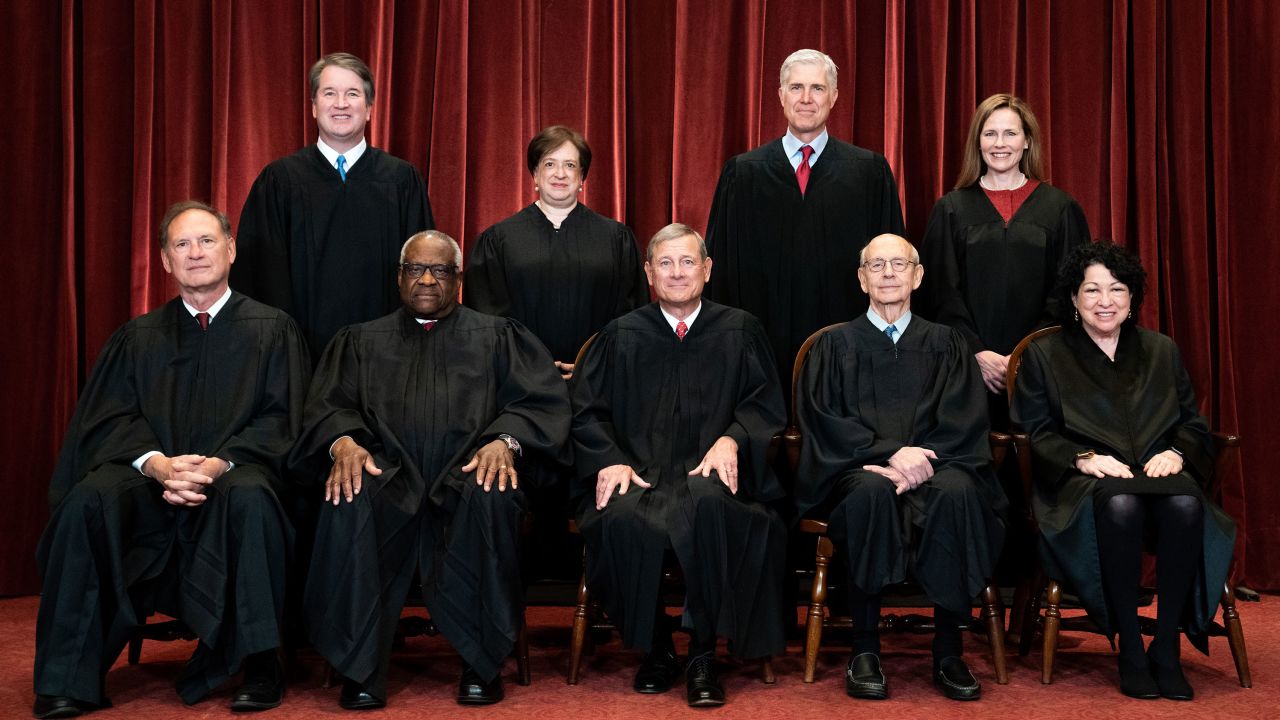 WASHINGTON, DC - APRIL 23: Members of the Supreme Court pose for a group photo at the Supreme Court in Washington, DC on April 23, 2021. Seated from left: Associate Justice Samuel Alito, Associate Justice Clarence Thomas, Chief Justice John Roberts, Associate Justice Stephen Breyer and Associate Justice Sonia Sotomayor, Standing from left: Associate Justice Brett Kavanaugh, Associate Justice Elena Kagan, Associate Justice Neil Gorsuch and Associate Justice Amy Coney Barrett. (Photo by Erin Schaff/Pool/Getty Images)
