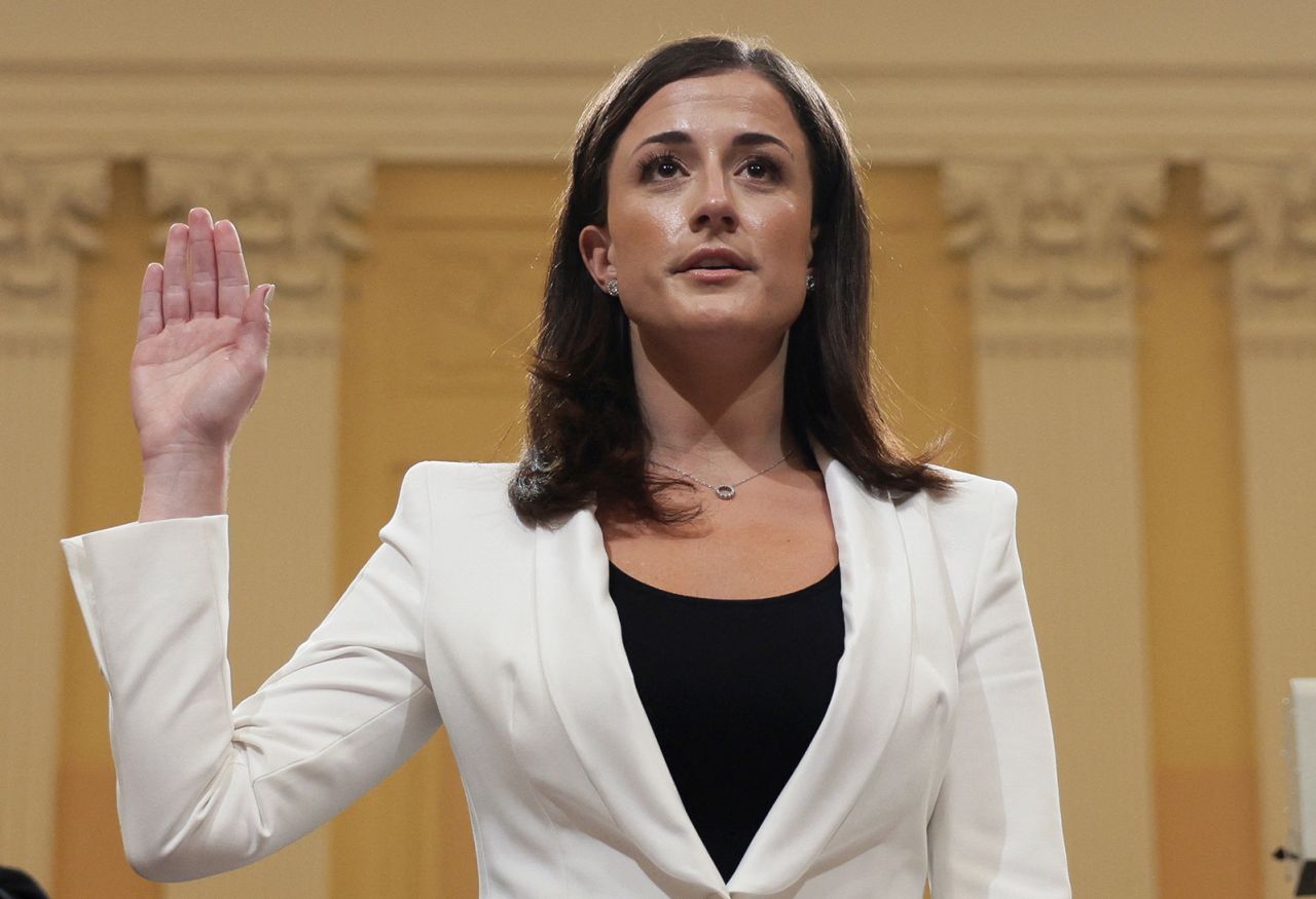 Cassidy Hutchinson, who was once an aide to White House Chief of Staff Mark Meadows, is sworn in to testify during a hearing on June 28. <a href=