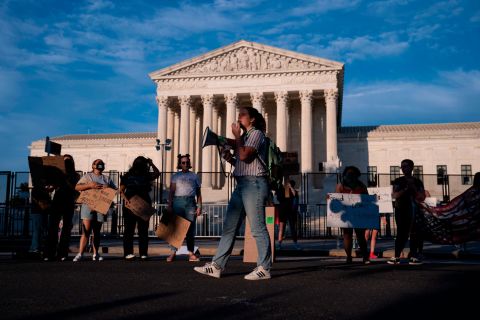 Abortion rights activists participate in an impromptu demonstration outside of the the U.S. Supreme Court in Washington, D.C., on Monday, June 27.