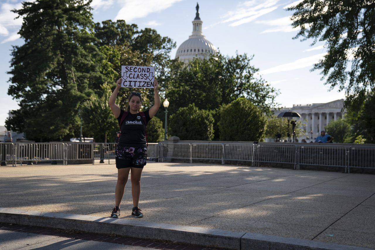 An abortion rights activist participates in an impromptu demonstration outside of the the U.S. Supreme Court in Washington, D.C., on June 27.