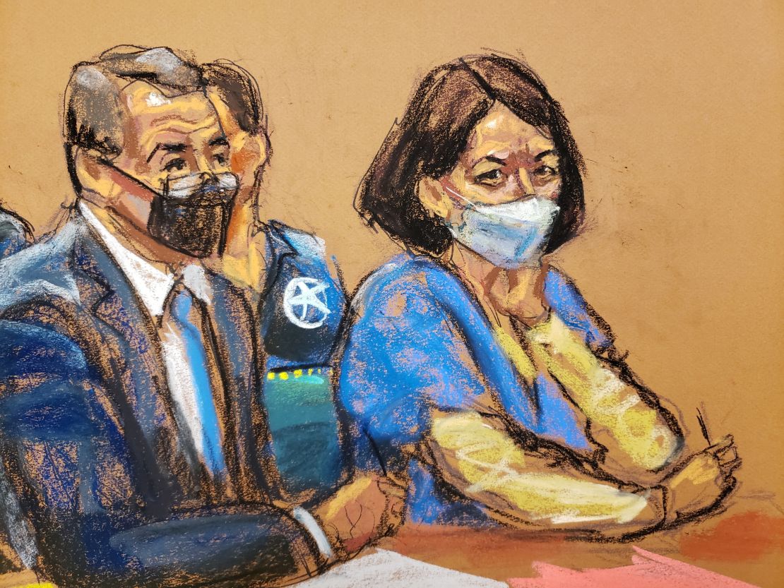 Jeffrey Epstein associate Ghislaine Maxwell sits with her defense lawyer Christian Everdell during her sentencing hearing in a courtroom sketch on June 28.