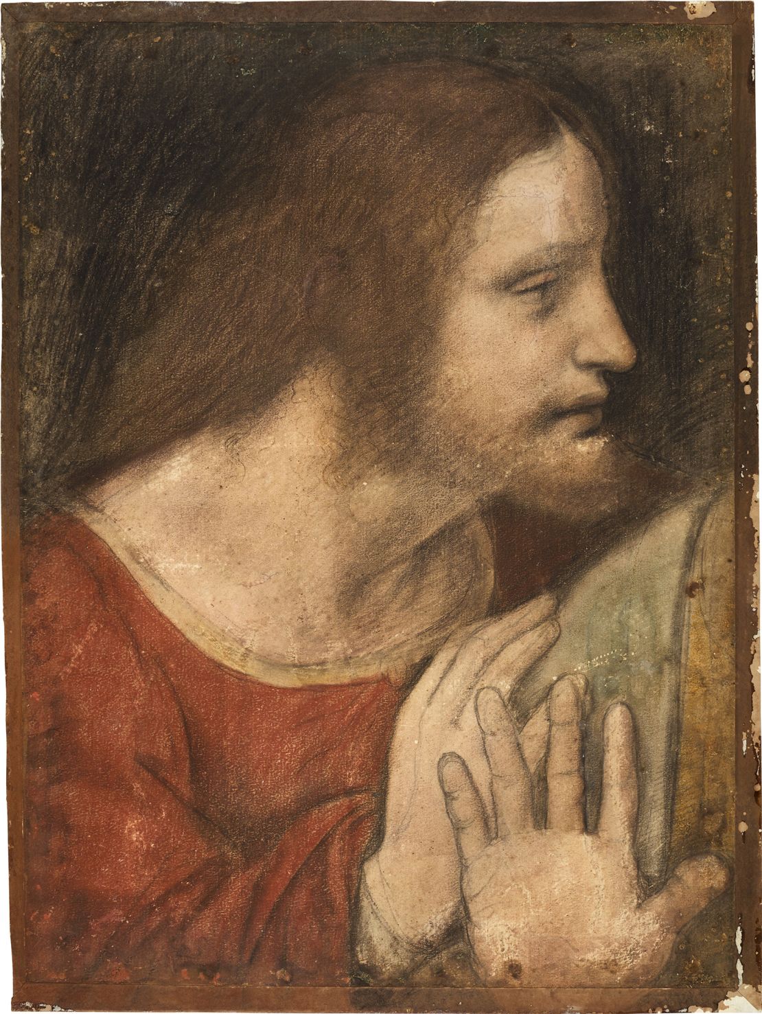 A chalk and pastel study depicting the head of St. James the Less, attributed to Giovanni Antonio Boltraffio. 
