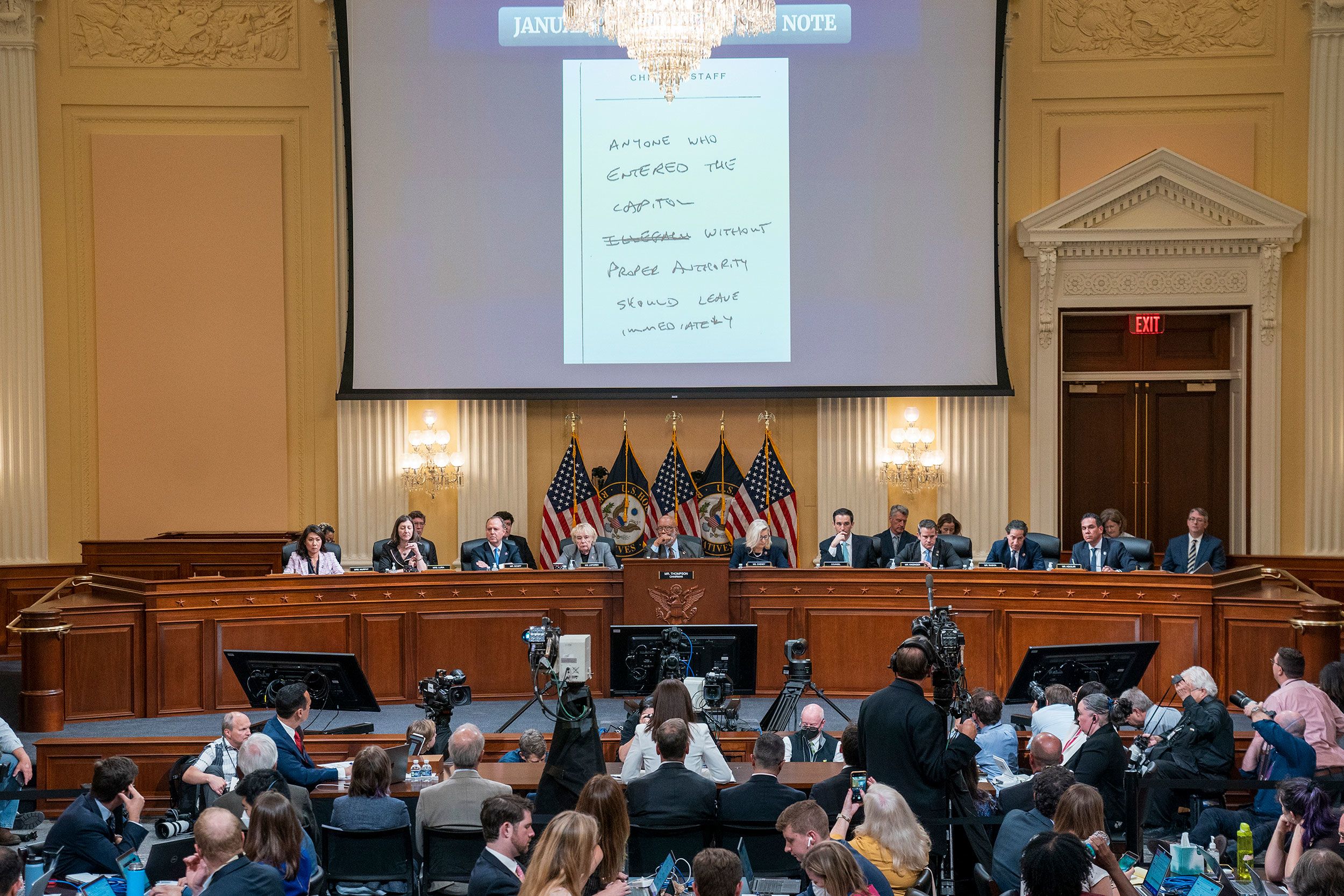 A note written by Hutchinson on January 6, 2021, is displayed during the hearing on June 28.