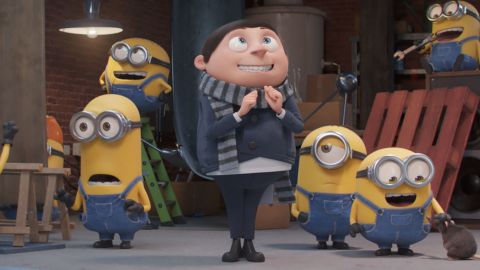 Minions Kevin and Otto, Gru (Steve Carell) and Minions Stuart and Bob in 'Minions: The Rise of Gru.'