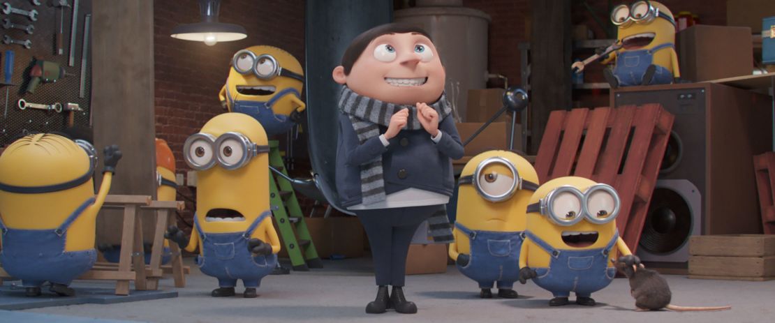 Minions Kevin and Otto, Gru (Steve Carell) and Minions Stuart and Bob in 'Minions: The Rise of Gru.'