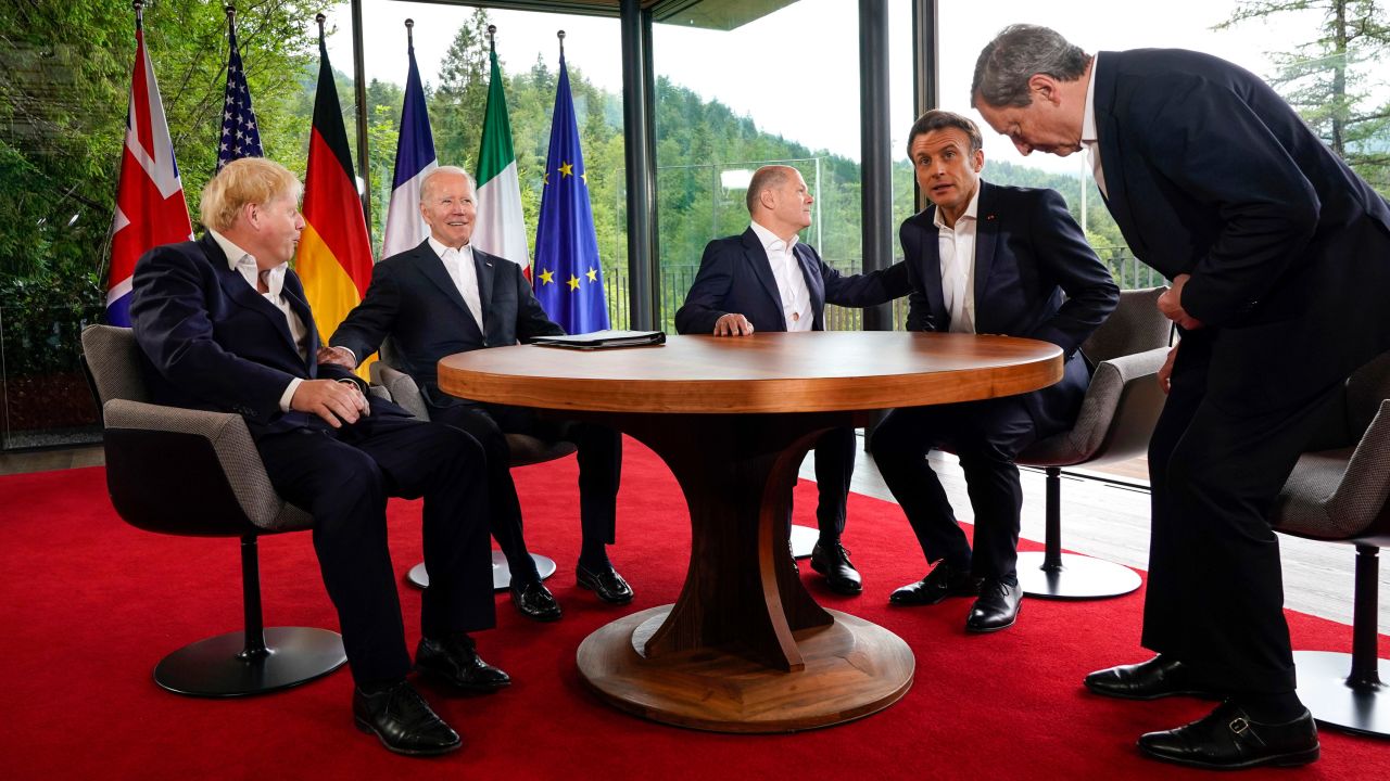British Prime Minister Boris Johnson, US President Joe Biden, German Chancellor Olaf Scholz, French President Emmanuel Macron and Italian Prime Minister Mario Draghi on the sidelines of the G7 summit in Germany on Tuesday.