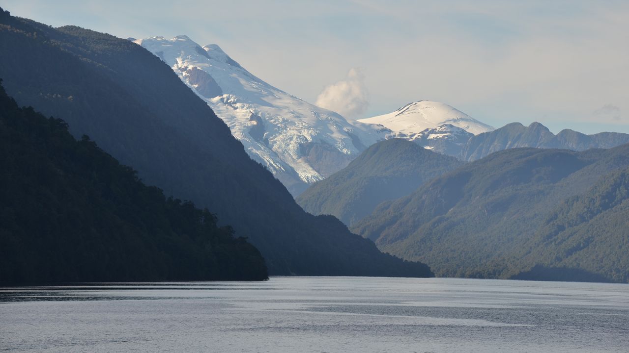 Fjords and mountains in Chile's Corcovado Gulf.