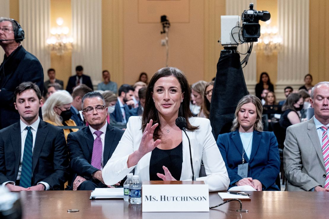 Cassidy Hutchinson, who was an aide to former White House Chief of Staff Mark Meadows, testifies during a hearing of the House Select Committee investigating the January 6 Attack on  June 28, 2022. 