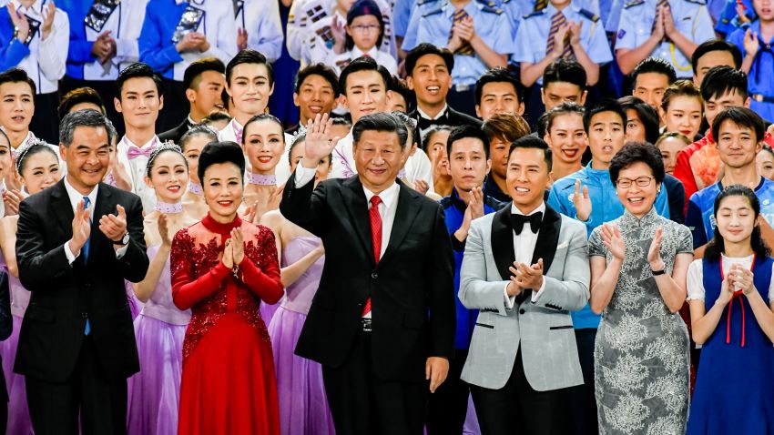 HONG KONG - JUNE 30:  Chinese President Xi Jinping (Center) attends Grand Variety Show on June 30, 2017 in Hong Kong, Hong Kong. Chinese President Xi Jinping made a visit to Hong Kong between June 29 and July 1 for the 20th anniversary of the city's handover to Chinese sovereignty.  (Photo by Keith Tsuji/Getty Images)