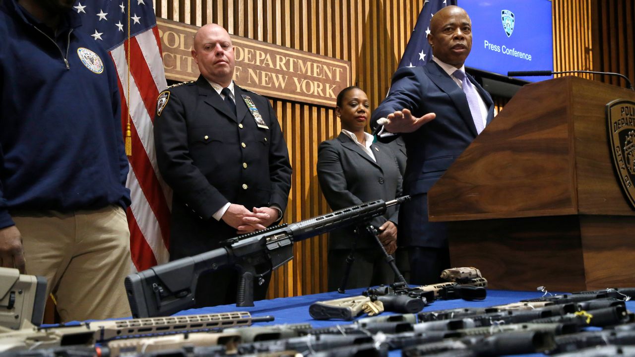 New York City Mayor Eric Adams speaks to the media about his plan to eradicate illegal guns form the streets of the city on May 11, 2020.