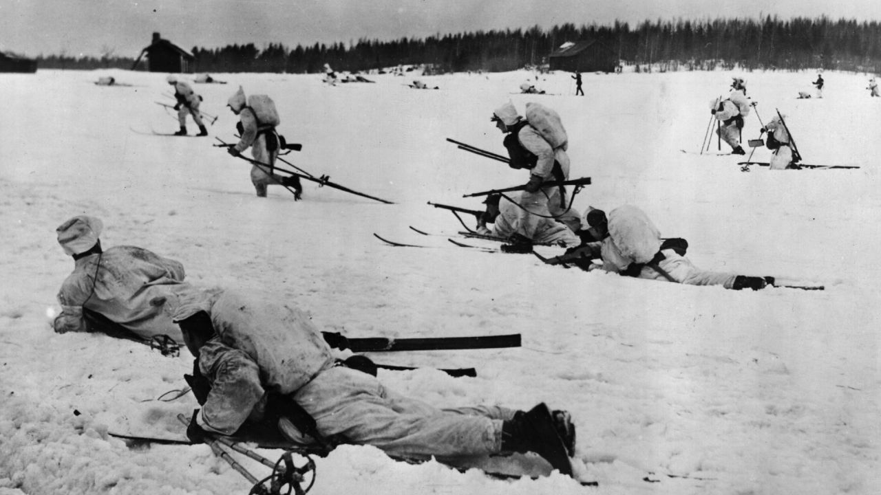 Finnish infantry on skis fighting the Soviets during World War II. Following the war, Finland adopted a neutral stance that remained in place for decades.