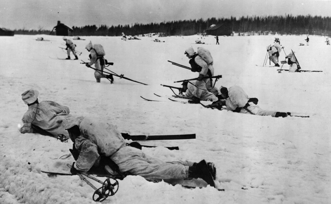 Finnish infantry on skis fighting the Soviets during World War II. Following the war, Finland adopted a neutral stance that remained in place for decades.