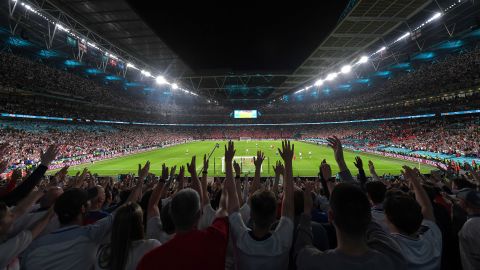 A general view of Wembley Stadium during the Euro 2020 semi final match between England and Denmark on July 7th 2021.