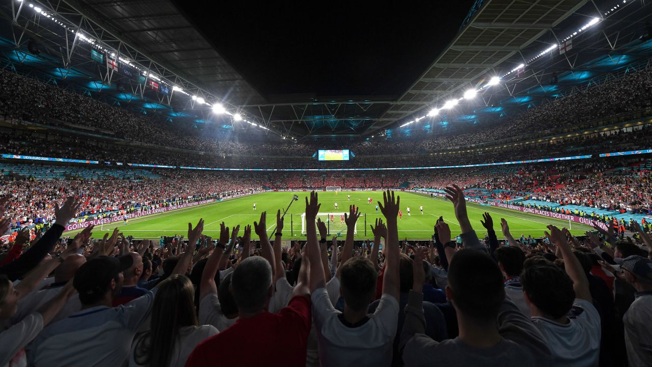 A general view of Wembley Stadium during the Euro 2020 semfinal between England and Denmark on July 7, 2021.