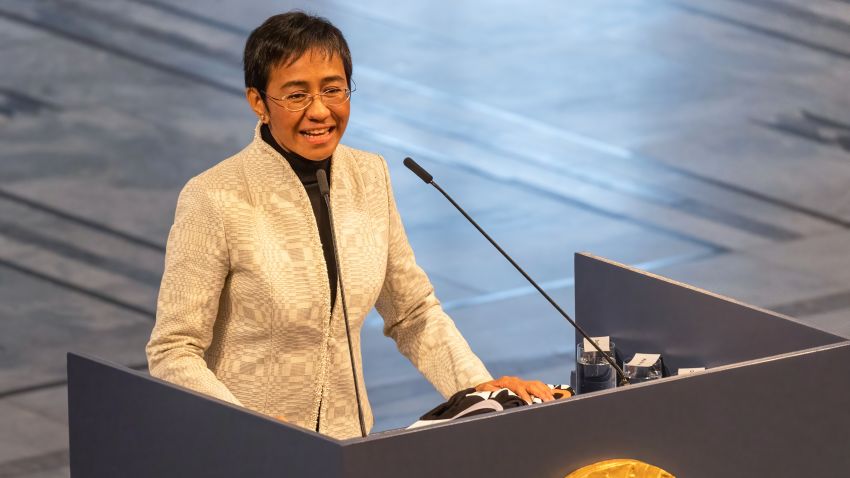 OSLO, NORWAY - DECEMBER 10: Nobel Peace Prize awarded Maria Ressa gives a speech at the Nobel Peace Prize ceremony 2021 at Oslo City Town Hall on December 10, 2021 in Oslo, Norway. (Photo by Per Ole Hagen/Getty Images)