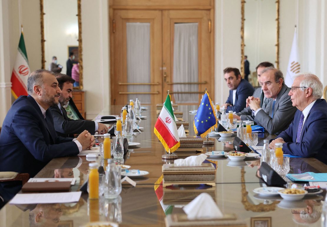 Iran's Foreign Minister Hossein Amir-Abdollahian meets Josep Borell, the High Representative of the European Union for Foreign Affairs and Security Policy, and Deputy Secretary General of the European External Action Service Enrique Mora in Tehran on June 25, 2022. 