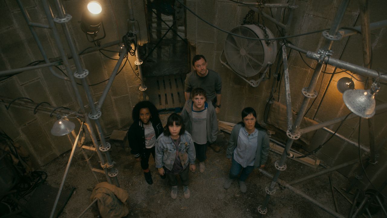 (From left) Camryn Jones, Riley Lai Nelet, Fina Strazza, Nate Corddry and Ali Wong are shown in "Paper Girls." 