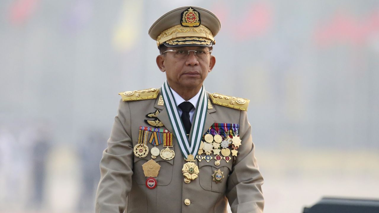 Myanmar's Commander-in-Chief Senior General Min Aung Hlaing on Armed Forces Day in Naypyidaw, Myanmar, on March 27, 2021. 